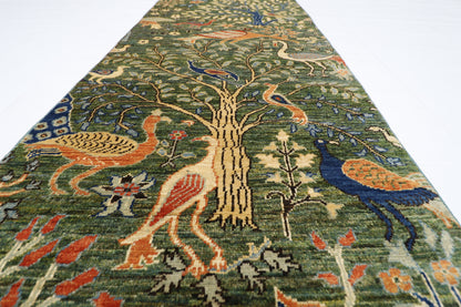 74 x 489 cm | Hallway Large birds Green Rug Afghan Hand Knotted Veg dye Wool carpet