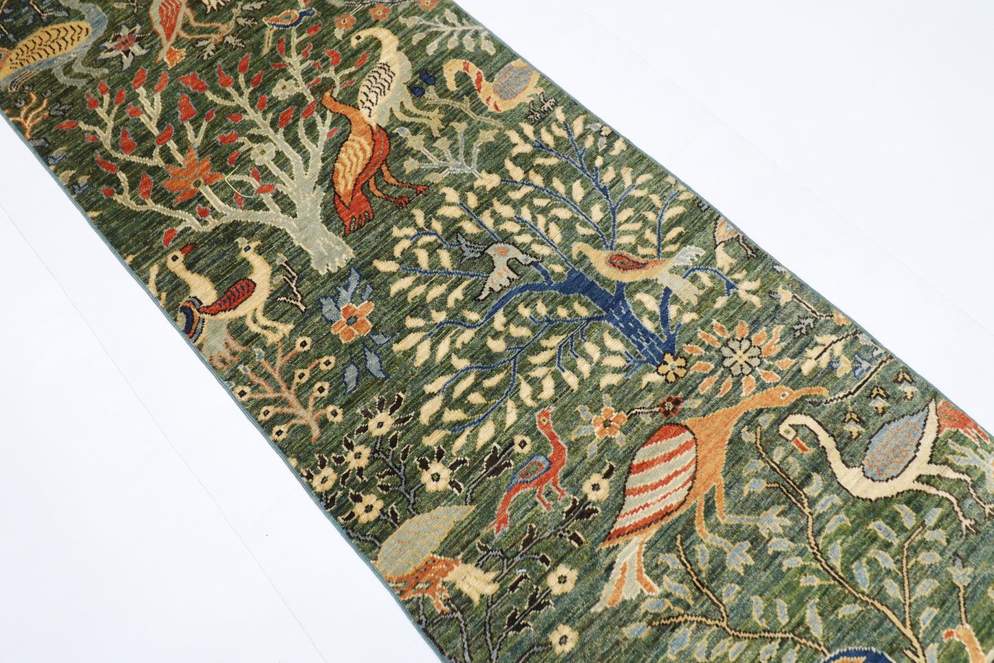 74 x 489 cm | Hallway Large birds Green Rug Afghan Hand Knotted Veg dye Wool carpet
