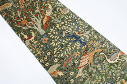 74 x 489 cm | Hallway Large birds Green Rug Afghan Hand Knotted Veg dye Wool carpet