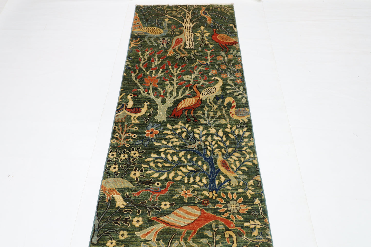 74 x 489 cm | Hallway Large birds Green Rug Afghan Hand Knotted Veg dye Wool carpet