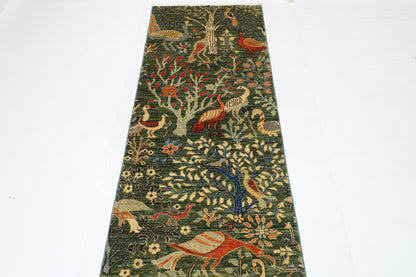 74 x 489 cm | Hallway Large birds Green Rug Afghan Hand Knotted Veg dye Wool carpet