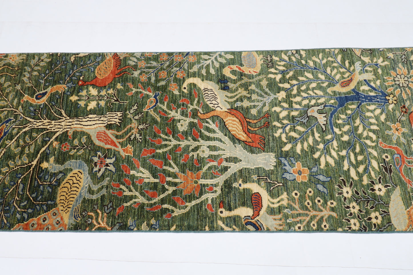 74 x 489 cm | Hallway Large birds Green Rug Afghan Hand Knotted Veg dye Wool carpet