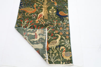 74 x 489 cm | Hallway Large birds Green Rug Afghan Hand Knotted Veg dye Wool carpet