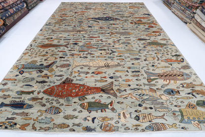 303 x 421 cm | Fish Party Design Hand Knotted Wool Afghan Carpet