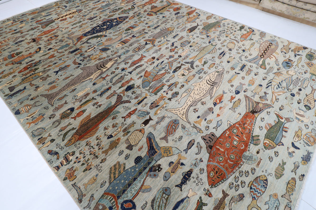 303 x 421 cm | Fish Party Design Hand Knotted Wool Afghan Carpet