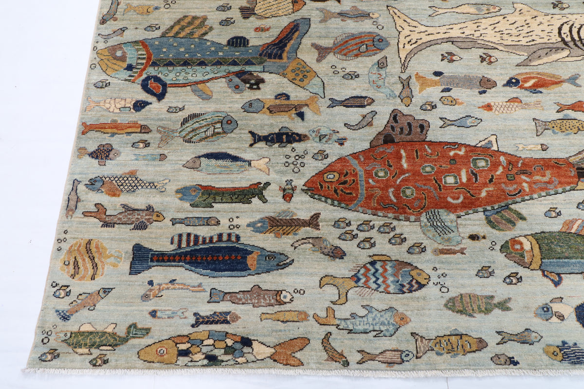 303 x 421 cm | Fish Party Design Hand Knotted Wool Afghan Carpet