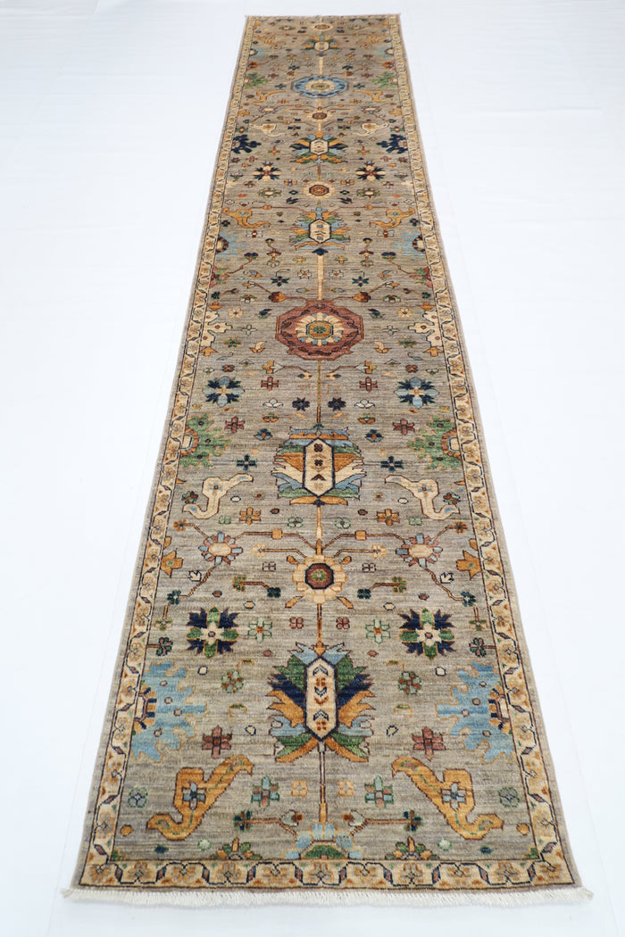 90 x 424 cm | Hallway Tribal gray Rug Afghan Hand Knotted Veg dye Wool carpet