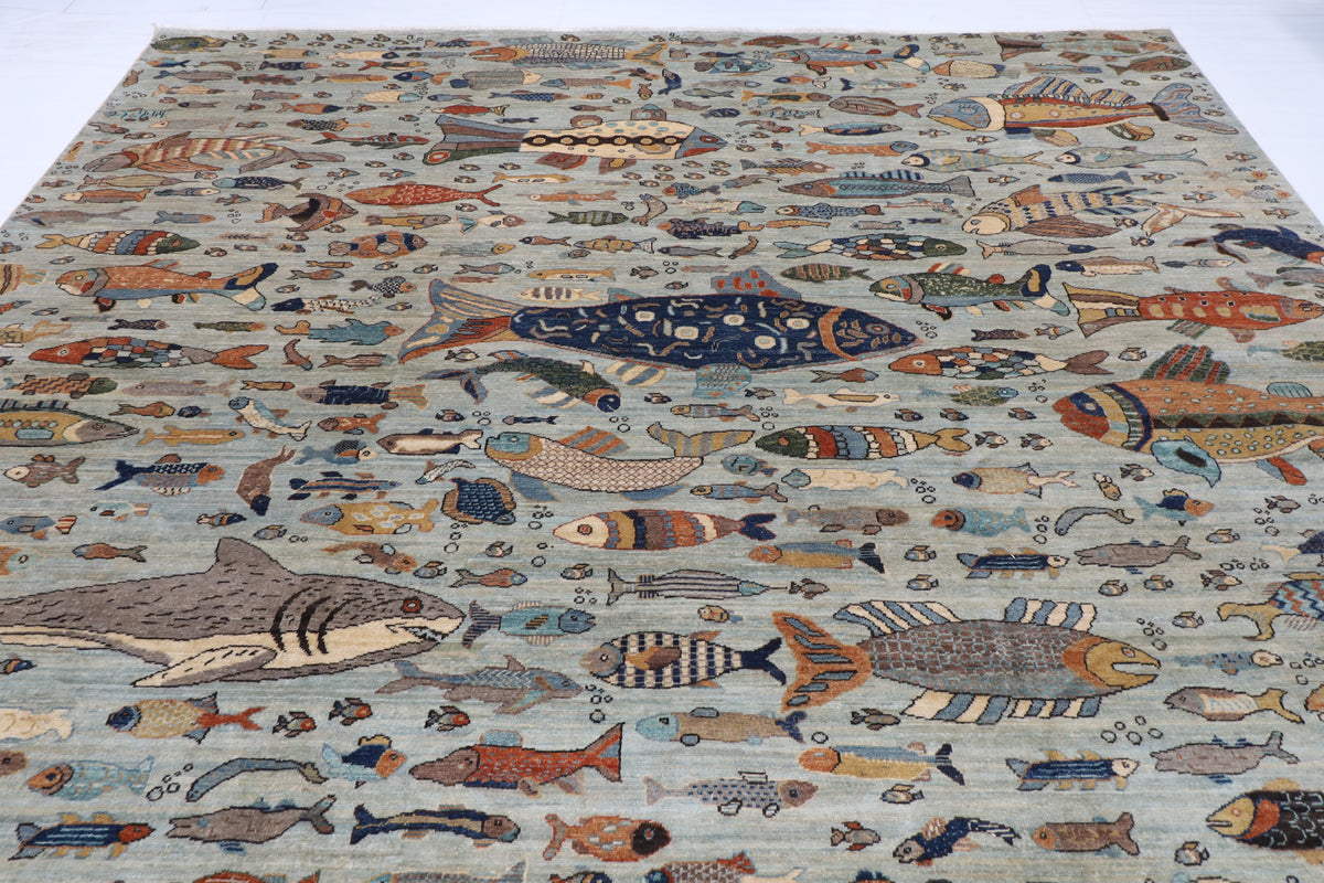 303 x 421 cm | Fish Party Design Hand Knotted Wool Afghan Carpet