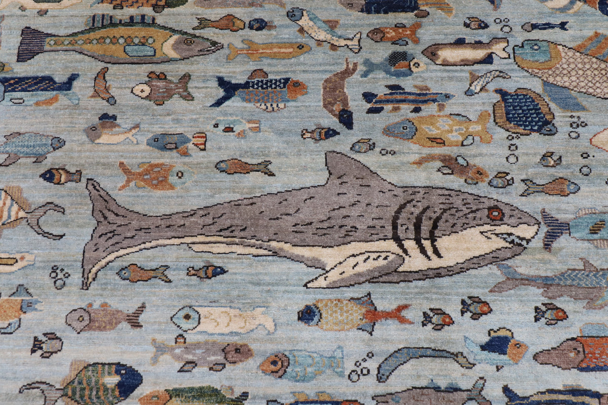 303 x 421 cm | Fish Party Design Hand Knotted Wool Afghan Carpet
