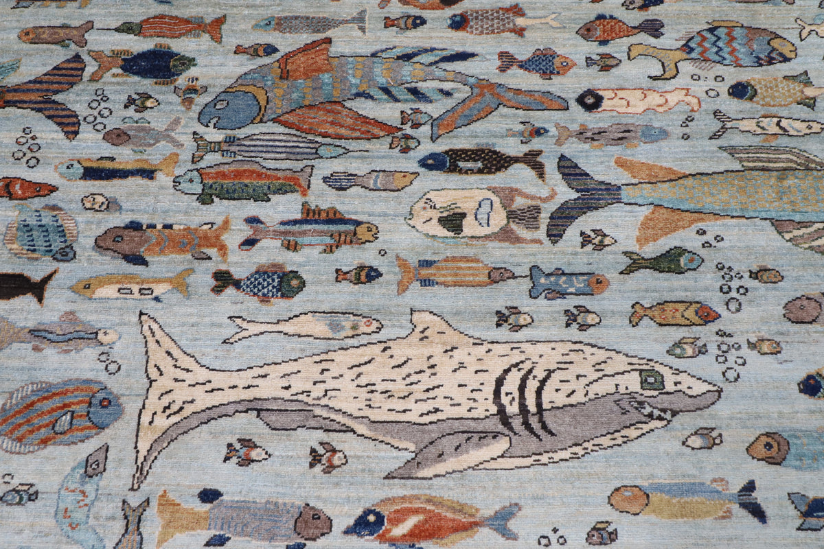 303 x 421 cm | Fish Party Design Hand Knotted Wool Afghan Carpet