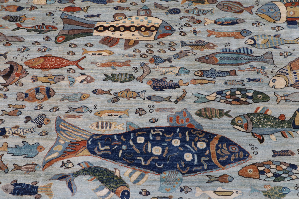 303 x 421 cm | Fish Party Design Hand Knotted Wool Afghan Carpet