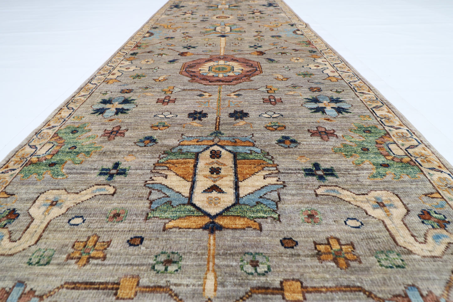 90 x 424 cm | Hallway Tribal gray Rug Afghan Hand Knotted Veg dye Wool carpet