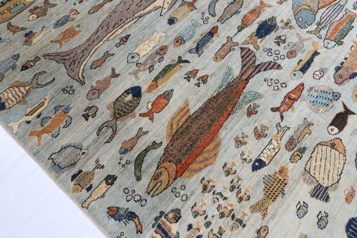 303 x 421 cm | Fish Party Design Hand Knotted Wool Afghan Carpet