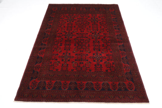 152 x 194 cm | Red Khal Mohammadi Afghan Tribal Hand Knotted Veg Dye Wool Carpet .