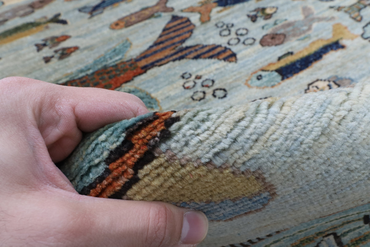 303 x 421 cm | Fish Party Design Hand Knotted Wool Afghan Carpet