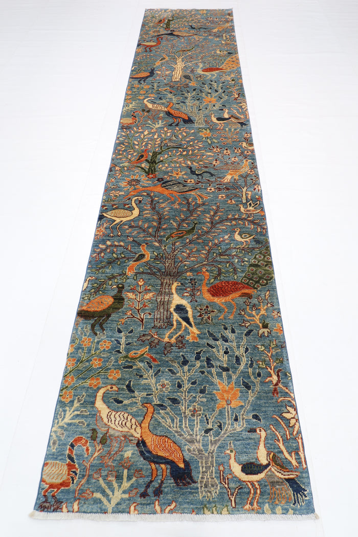 85 x 394 cm | Hallway Birds Blue Rug Afghan Hand Knotted Veg dye Wool carpet