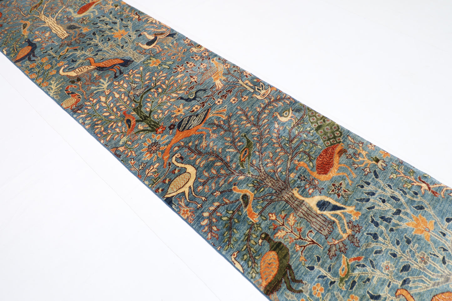 85 x 394 cm | Hallway Birds Blue Rug Afghan Hand Knotted Veg dye Wool carpet