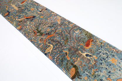 85 x 394 cm | Hallway Birds Blue Rug Afghan Hand Knotted Veg dye Wool carpet