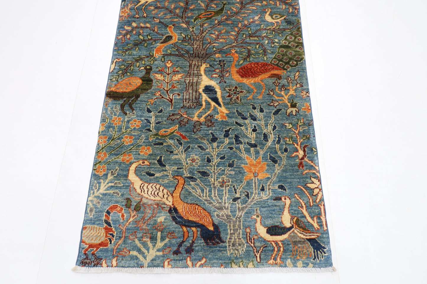 85 x 394 cm | Hallway Birds Blue Rug Afghan Hand Knotted Veg dye Wool carpet
