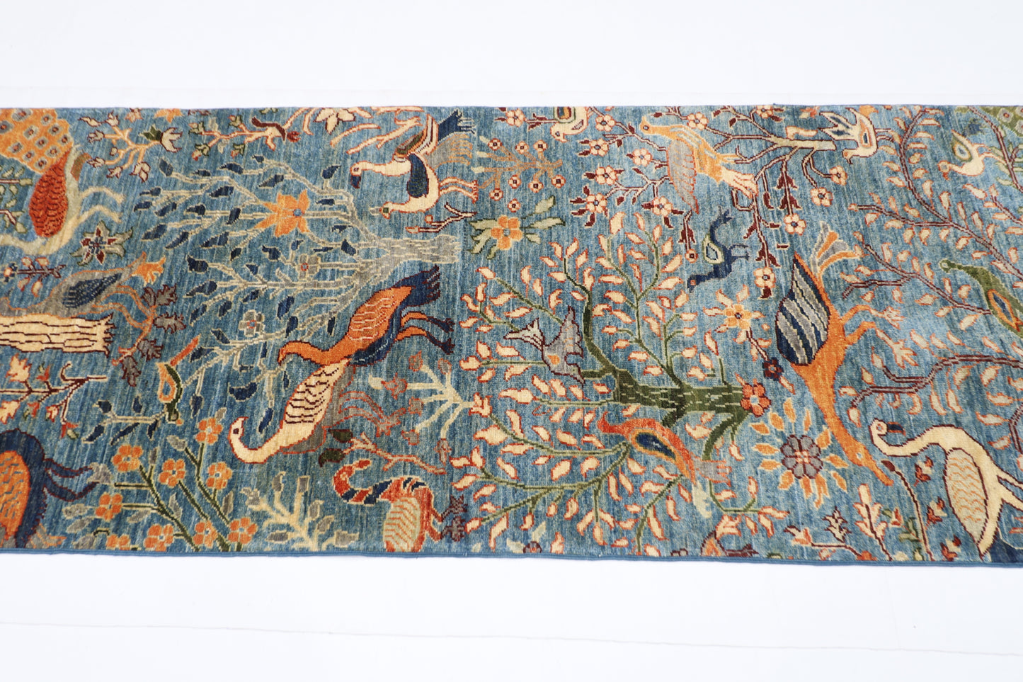 85 x 394 cm | Hallway Birds Blue Rug Afghan Hand Knotted Veg dye Wool carpet