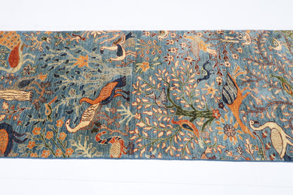 85 x 394 cm | Hallway Birds Blue Rug Afghan Hand Knotted Veg dye Wool carpet