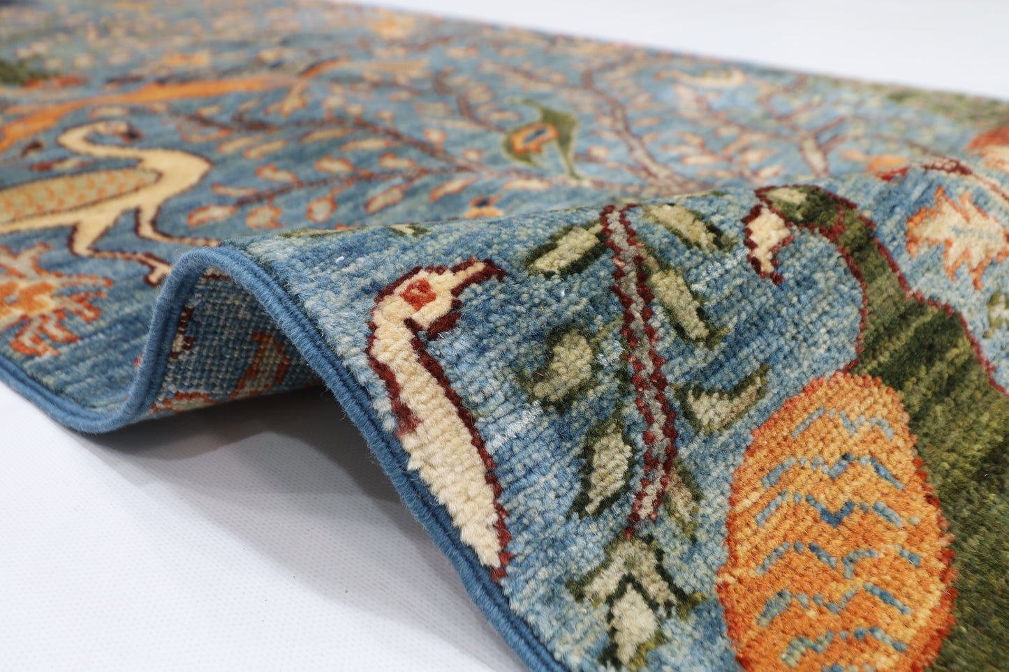 85 x 394 cm | Hallway Birds Blue Rug Afghan Hand Knotted Veg dye Wool carpet