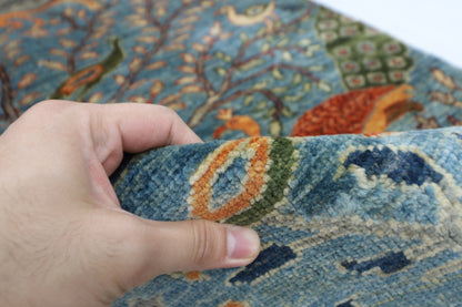 85 x 394 cm | Hallway Birds Blue Rug Afghan Hand Knotted Veg dye Wool carpet