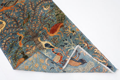 85 x 394 cm | Hallway Birds Blue Rug Afghan Hand Knotted Veg dye Wool carpet