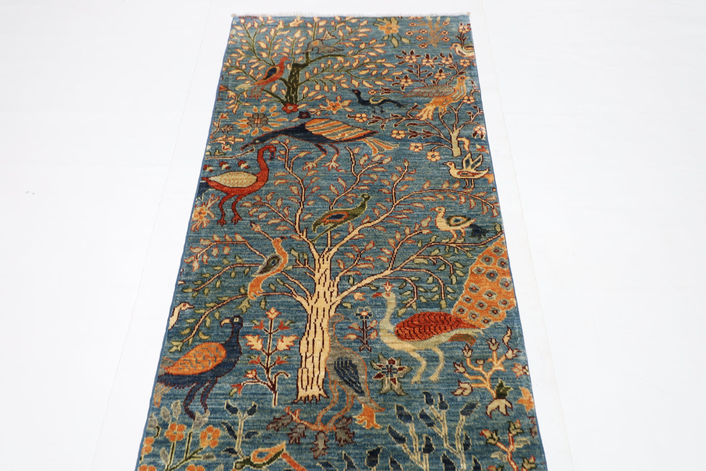 85 x 394 cm | Hallway Birds Blue Rug Afghan Hand Knotted Veg dye Wool carpet