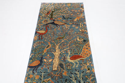 85 x 394 cm | Hallway Birds Blue Rug Afghan Hand Knotted Veg dye Wool carpet