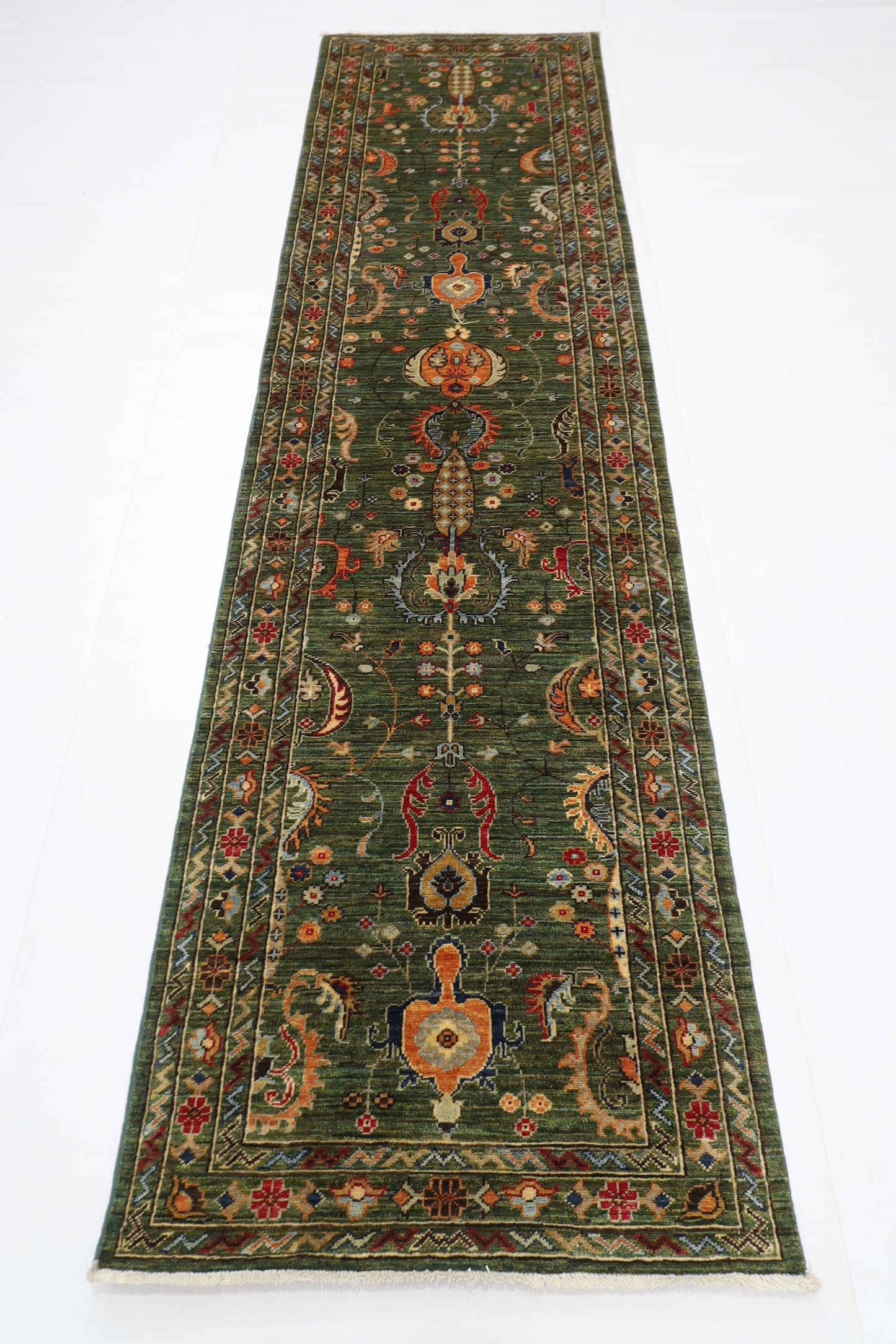 76 x 287 cm | Hallway Tribal green Rug Afghan Hand Knotted Veg dye Wool carpet