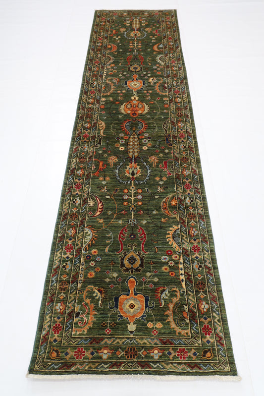 76 x 287 cm | Hallway Tribal green Rug Afghan Hand Knotted Veg dye Wool carpet