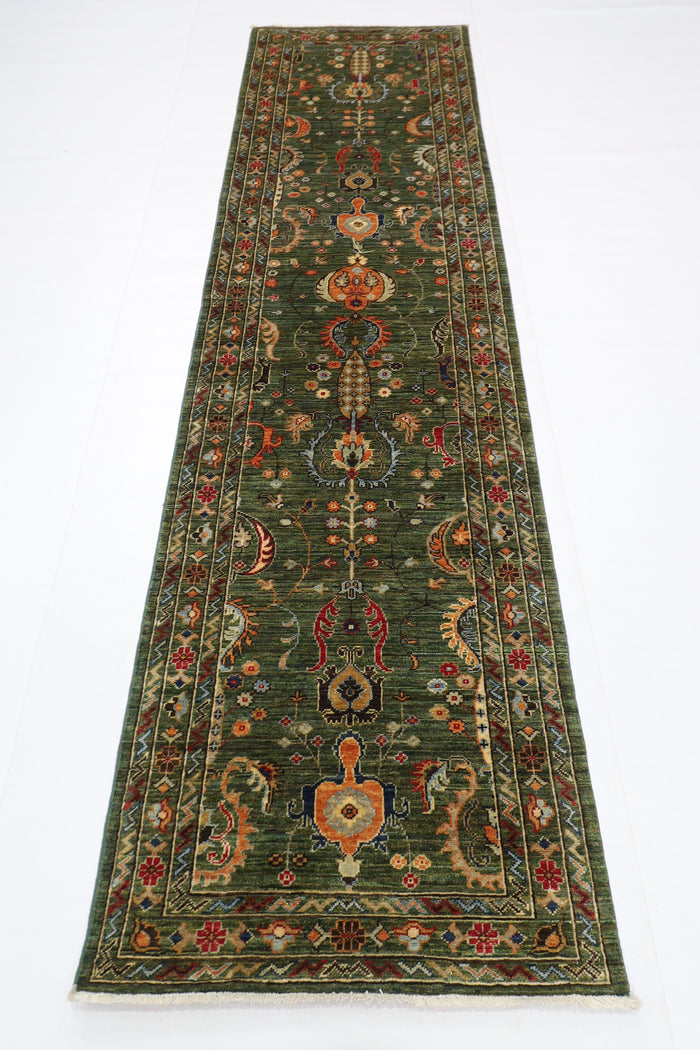 76 x 287 cm | Hallway Tribal green Rug Afghan Hand Knotted Veg dye Wool carpet