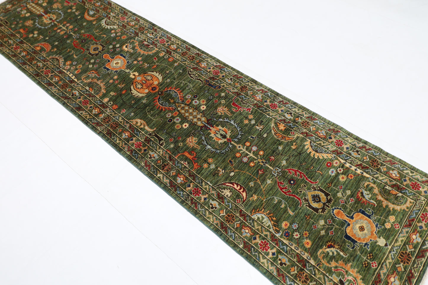 76 x 287 cm | Hallway Tribal green Rug Afghan Hand Knotted Veg dye Wool carpet