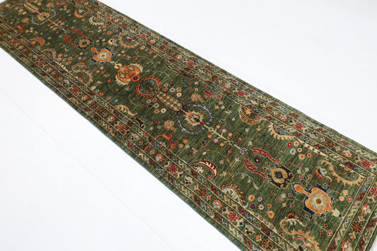 76 x 287 cm | Hallway Tribal green Rug Afghan Hand Knotted Veg dye Wool carpet