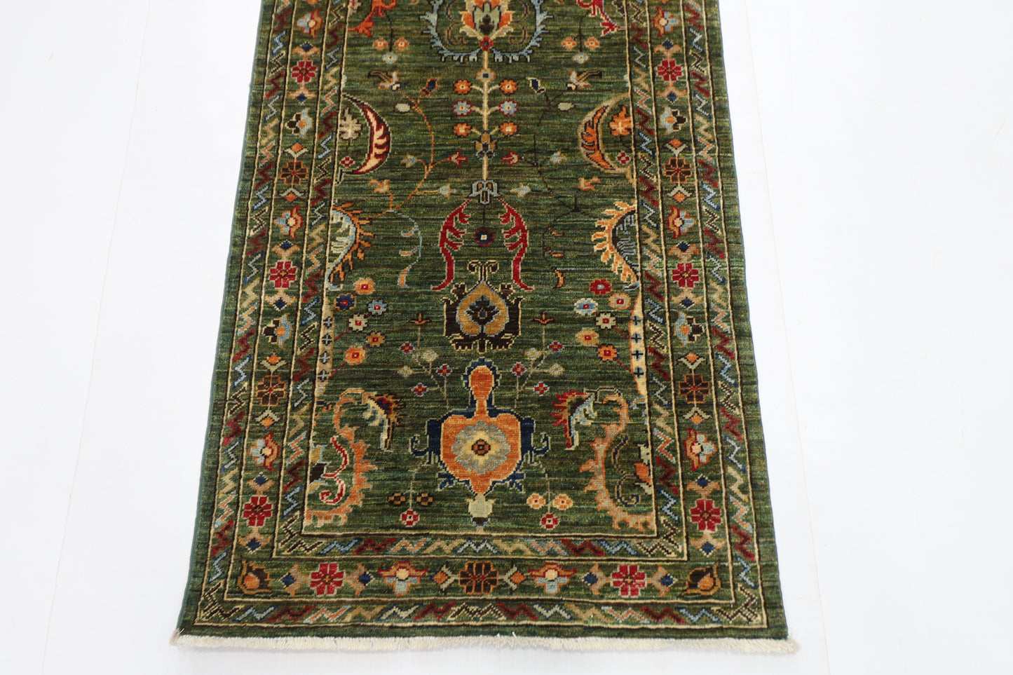 76 x 287 cm | Hallway Tribal green Rug Afghan Hand Knotted Veg dye Wool carpet