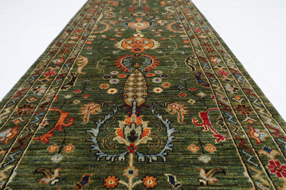 76 x 287 cm | Hallway Tribal green Rug Afghan Hand Knotted Veg dye Wool carpet