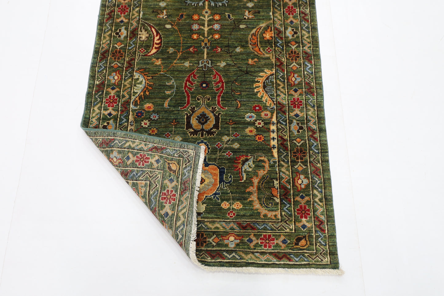 76 x 287 cm | Hallway Tribal green Rug Afghan Hand Knotted Veg dye Wool carpet