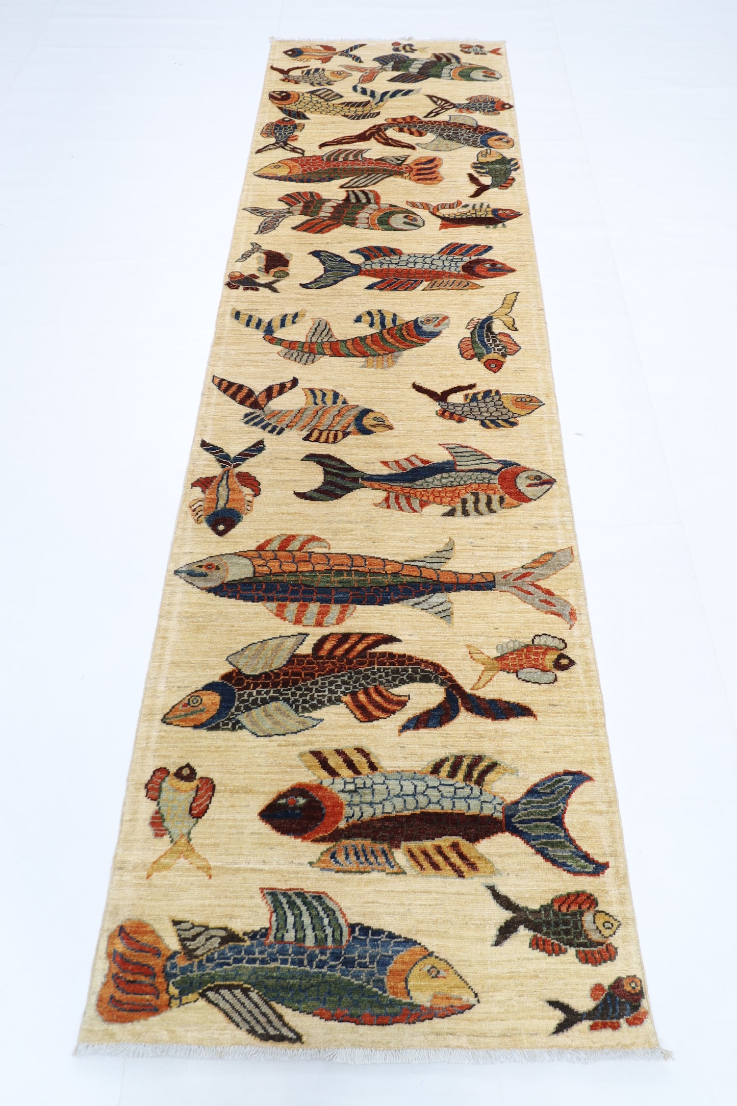 83 x 292 cm | Hallway Tribal Fish beige Rug Afghan Hand Knotted Veg dye Wool carpet