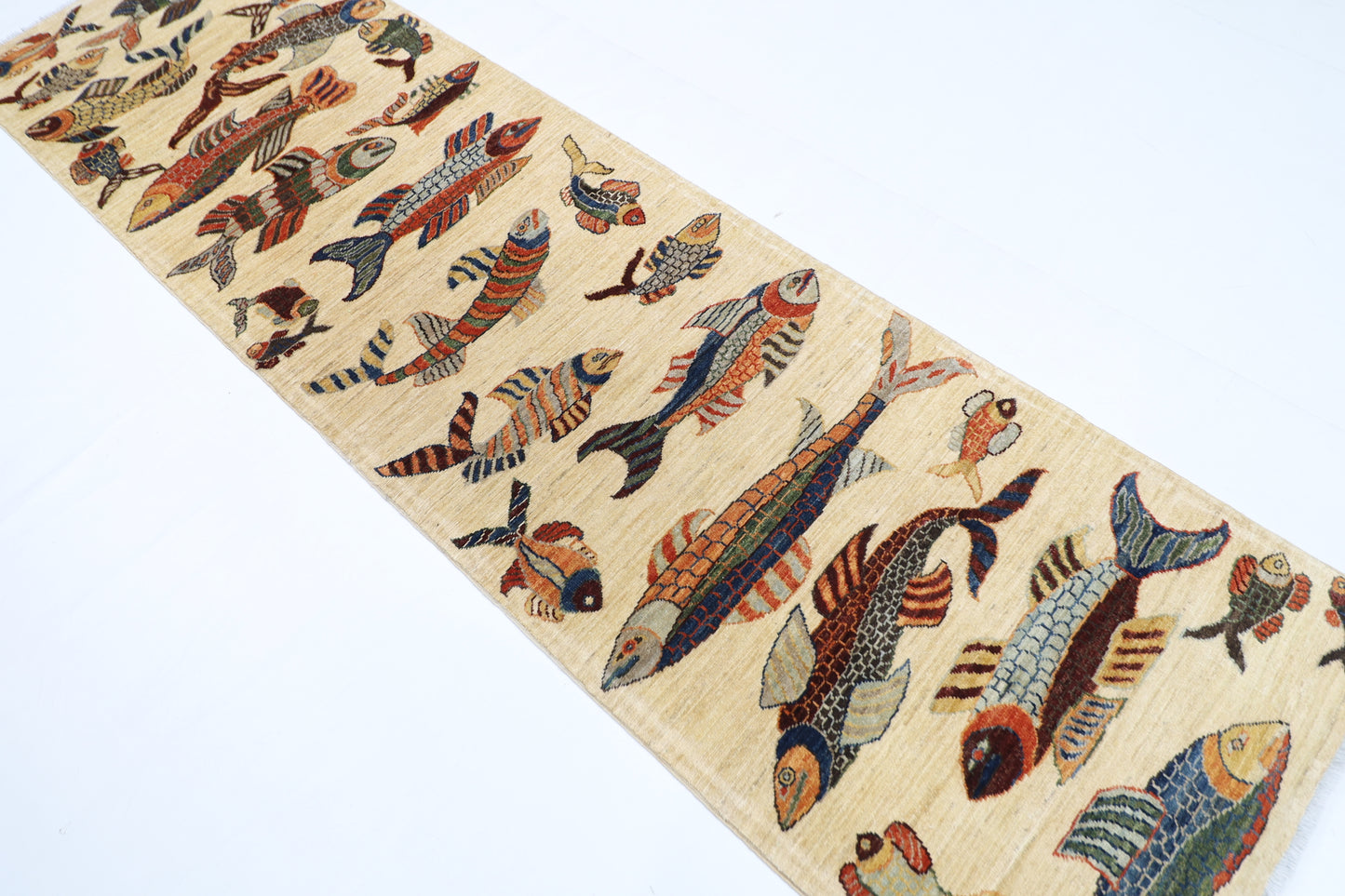 83 x 292 cm | Hallway Tribal Fish beige Rug Afghan Hand Knotted Veg dye Wool carpet