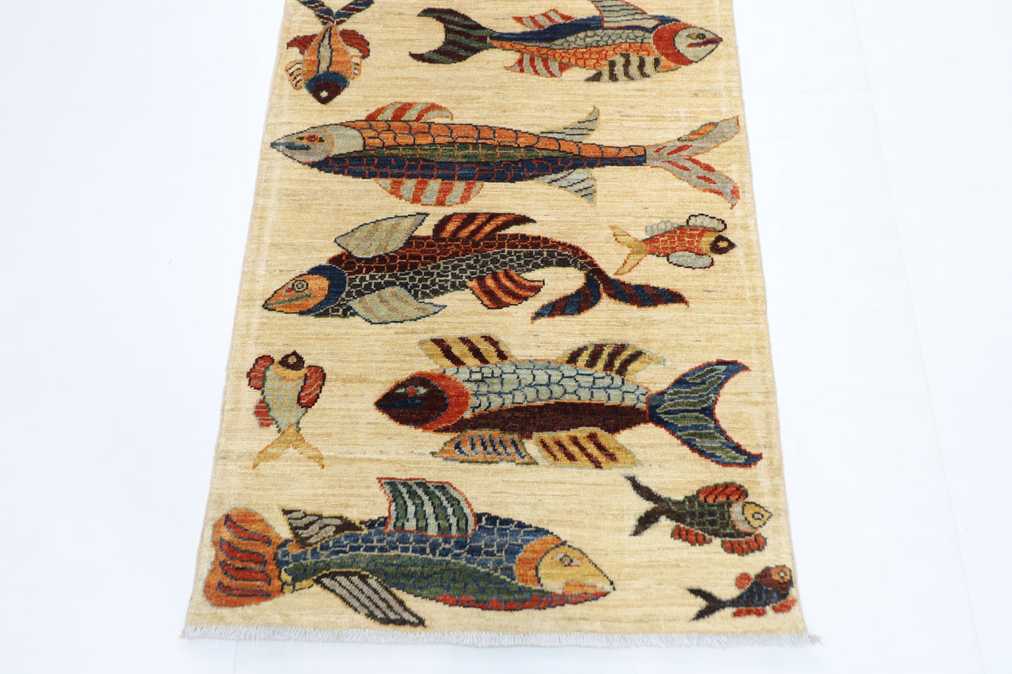 83 x 292 cm | Hallway Tribal Fish beige Rug Afghan Hand Knotted Veg dye Wool carpet