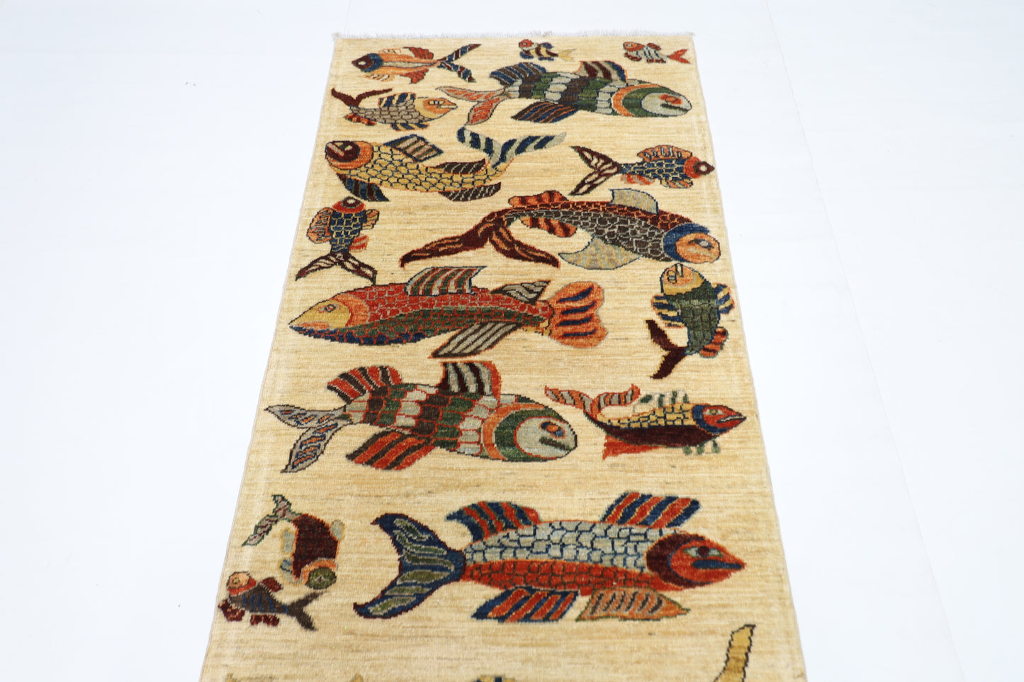 83 x 292 cm | Hallway Tribal Fish beige Rug Afghan Hand Knotted Veg dye Wool carpet