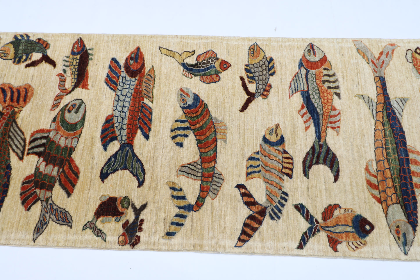 83 x 292 cm | Hallway Tribal Fish beige Rug Afghan Hand Knotted Veg dye Wool carpet