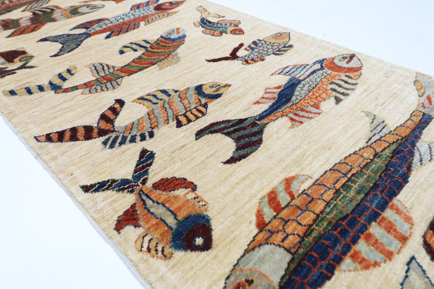 83 x 292 cm | Hallway Tribal Fish beige Rug Afghan Hand Knotted Veg dye Wool carpet