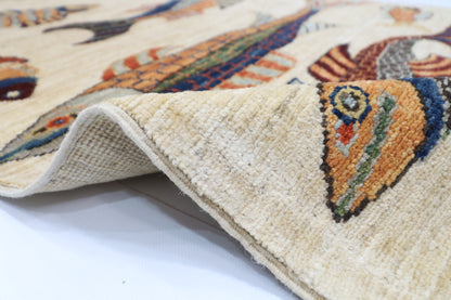 83 x 292 cm | Hallway Tribal Fish beige Rug Afghan Hand Knotted Veg dye Wool carpet