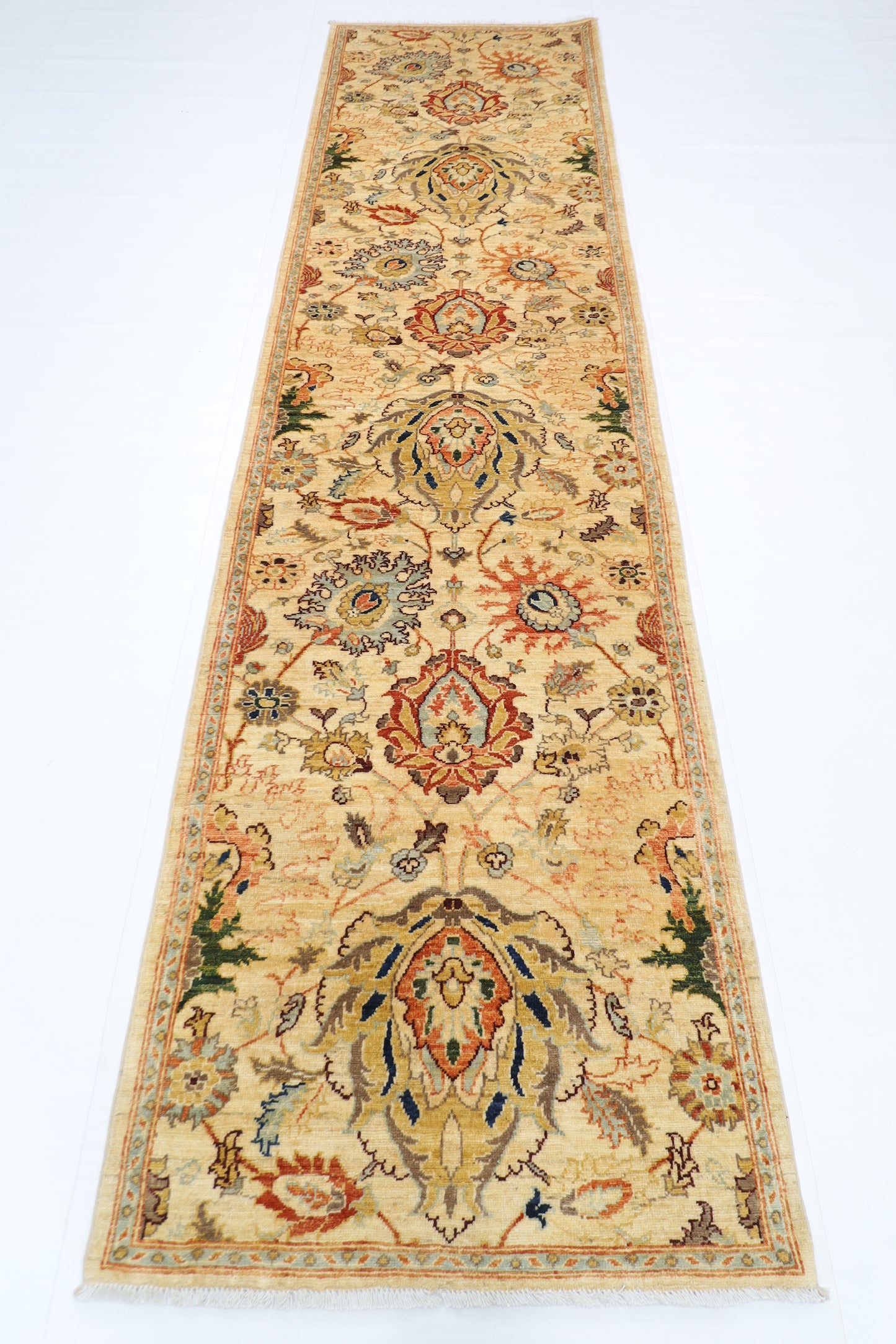 93 x 356 cm | Hallway Tribal beige Rug Afghan Hand Knotted Veg dye Wool carpet