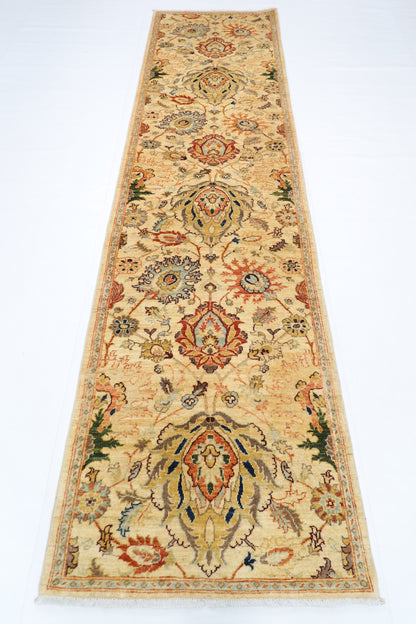 93 x 356 cm | Hallway Tribal beige Rug Afghan Hand Knotted Veg dye Wool carpet