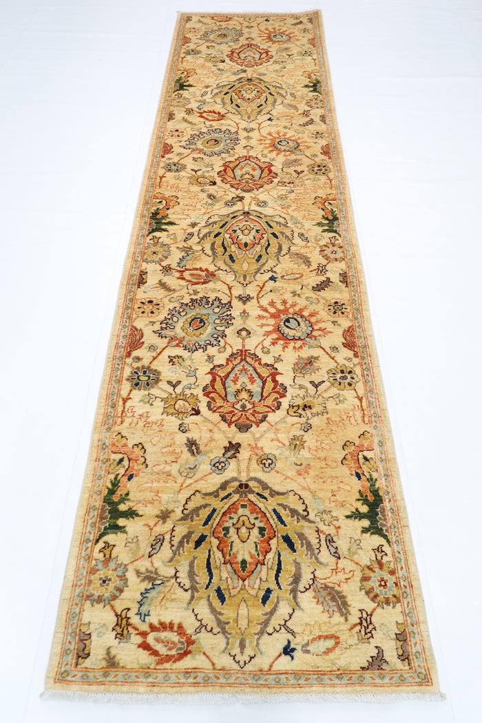 93 x 356 cm | Hallway Tribal beige Rug Afghan Hand Knotted Veg dye Wool carpet