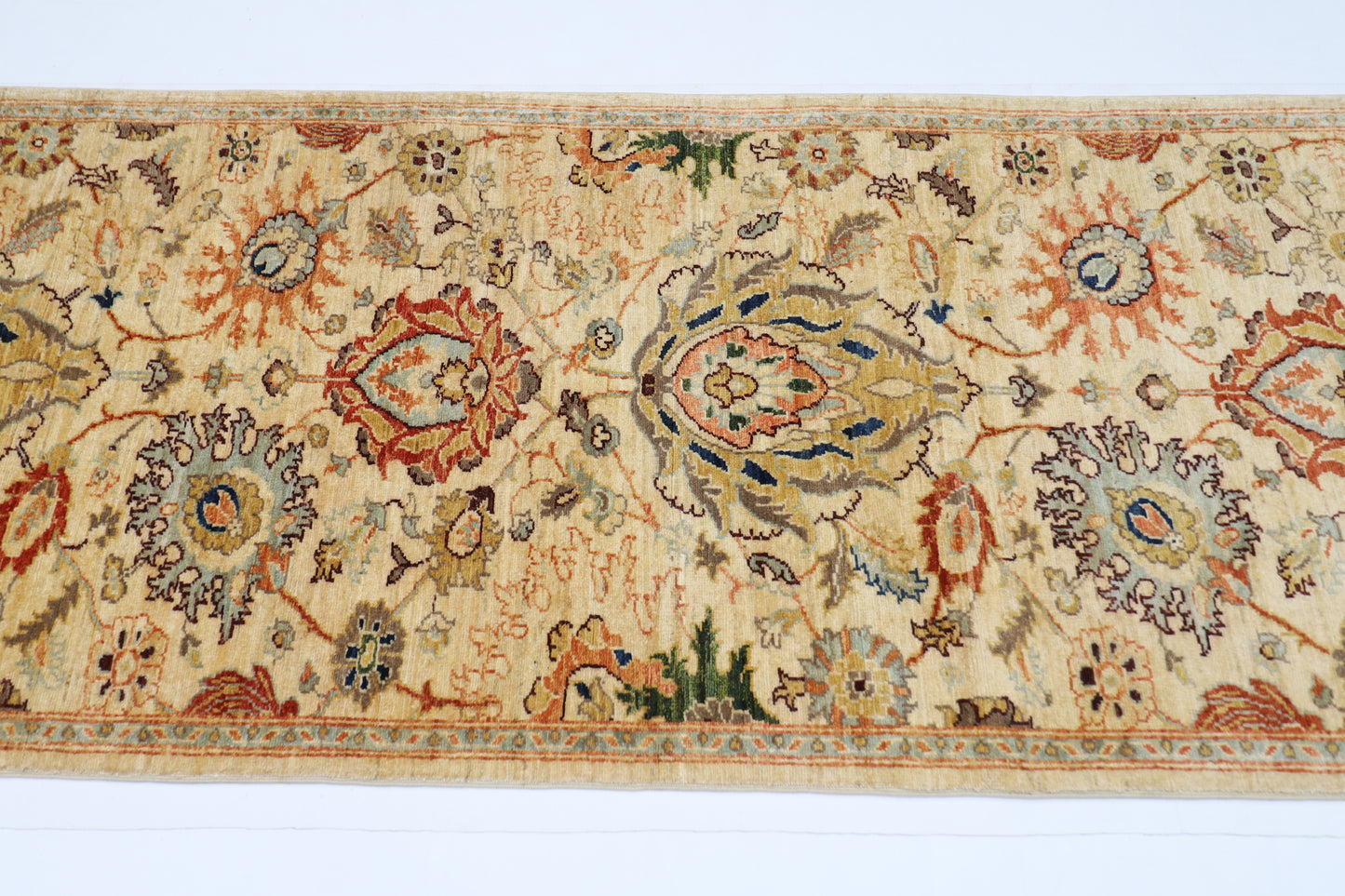 93 x 356 cm | Hallway Tribal beige Rug Afghan Hand Knotted Veg dye Wool carpet