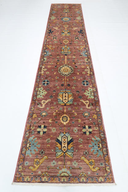 87 x 416 cm | Hallway Floral Pink Rug Afghan Hand Knotted Veg dye Wool carpet